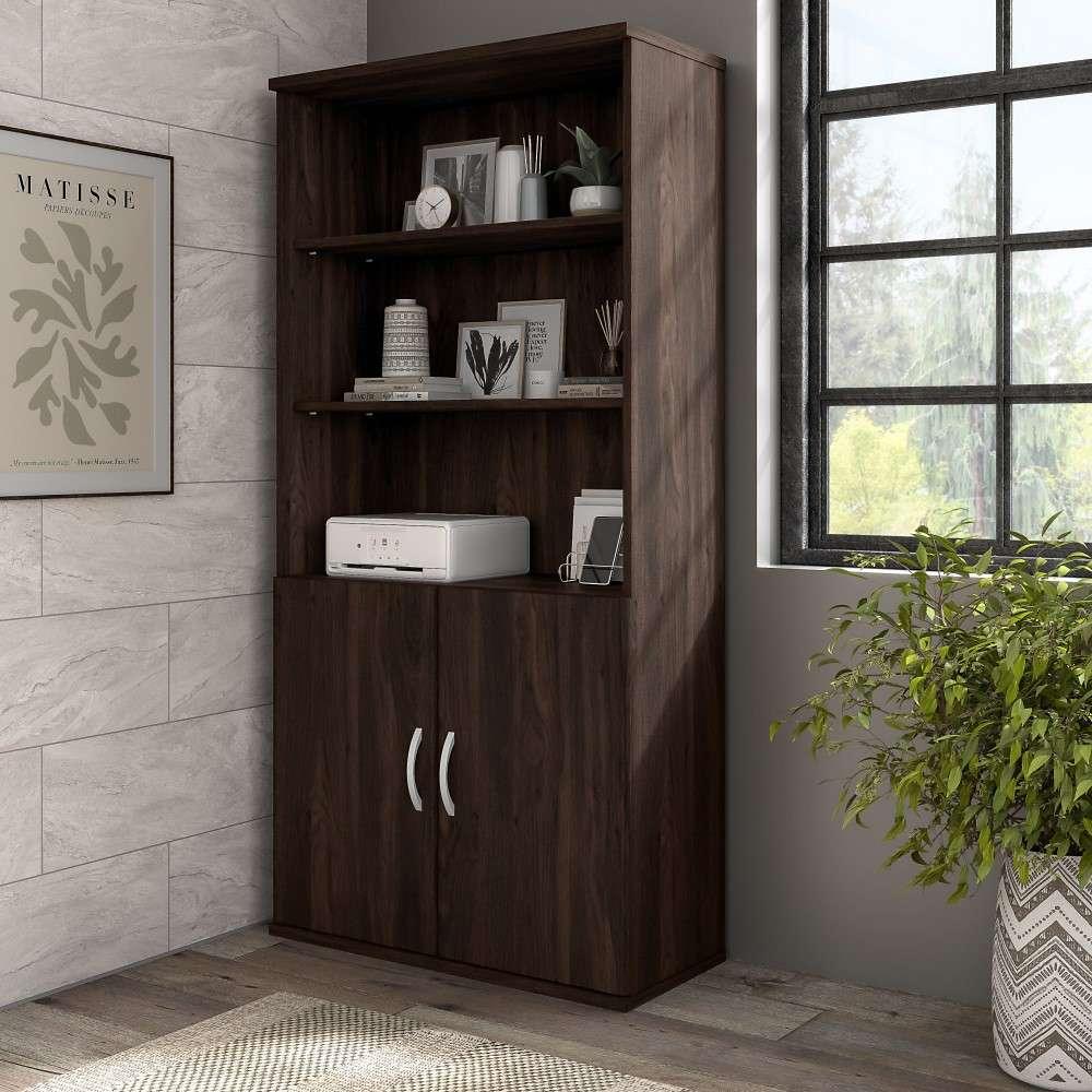 Bush Furniture - Hybrid Tall 5 Shelf Bookcase with Doors in Black Walnut - HYB024BW veiw 1