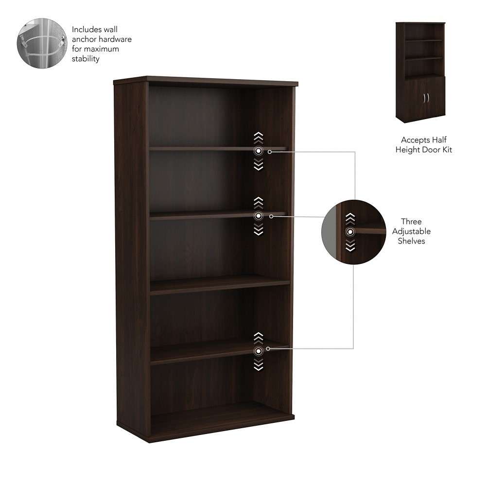 Bush Furniture - Hybrid Tall 5 Shelf Bookcase with Doors in Black Walnut - HYB024BW veiw 3