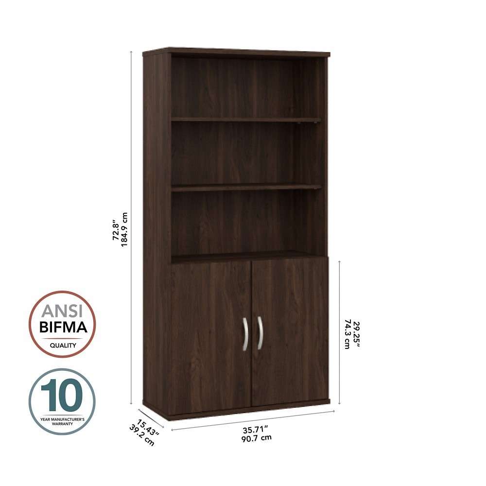 Bush Furniture - Hybrid Tall 5 Shelf Bookcase with Doors in Black Walnut - HYB024BW veiw 6