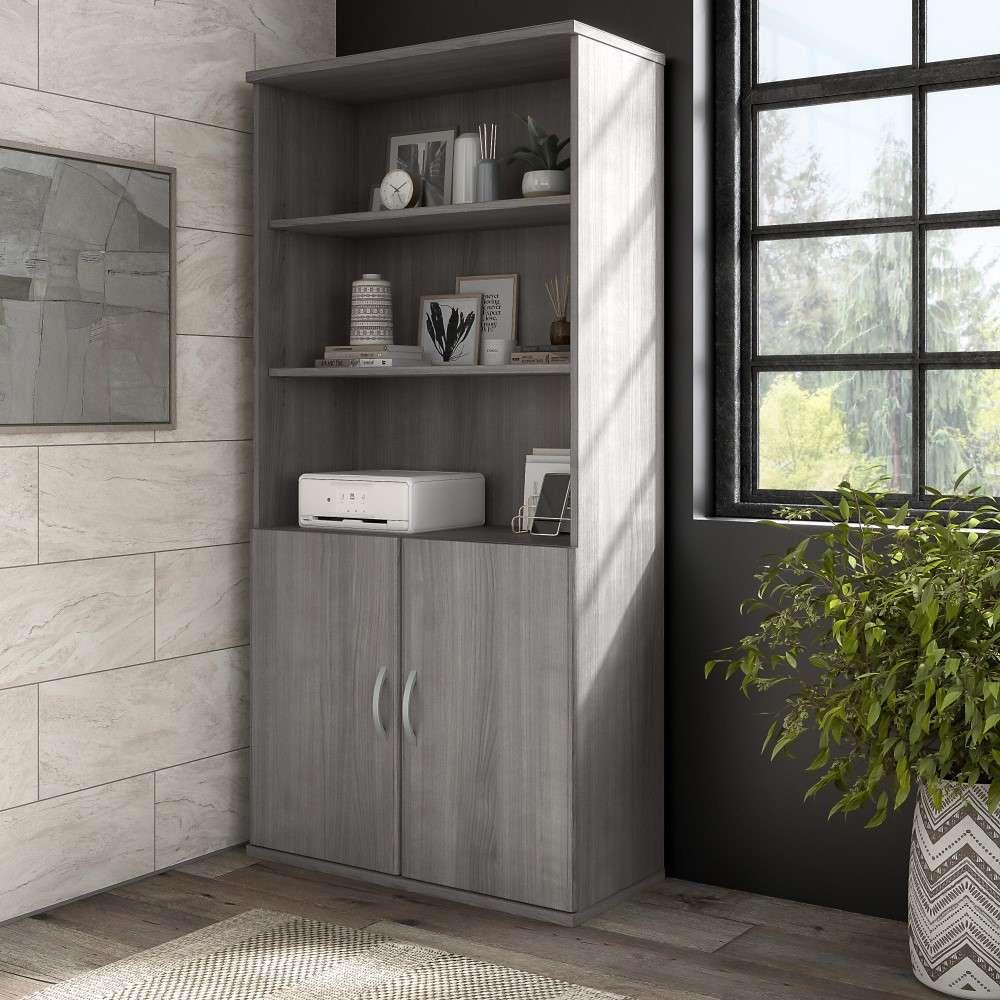 Bush Furniture - Hybrid Tall 5 Shelf Bookcase with Doors in Platinum Gray - HYB024PG veiw 1