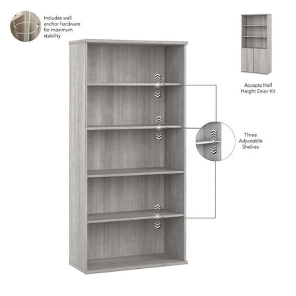 Bush Furniture - Hybrid Tall 5 Shelf Bookcase with Doors in Platinum Gray - HYB024PG veiw 3