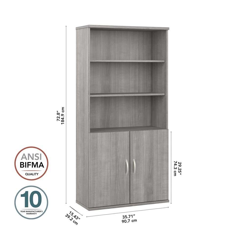 Bush Furniture - Hybrid Tall 5 Shelf Bookcase with Doors in Platinum Gray - HYB024PG veiw 6