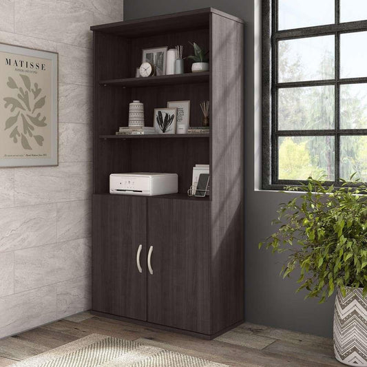 Bush Furniture - Hybrid Tall 5 Shelf Bookcase with Doors in Storm Gray - HYB024SG veiw 1