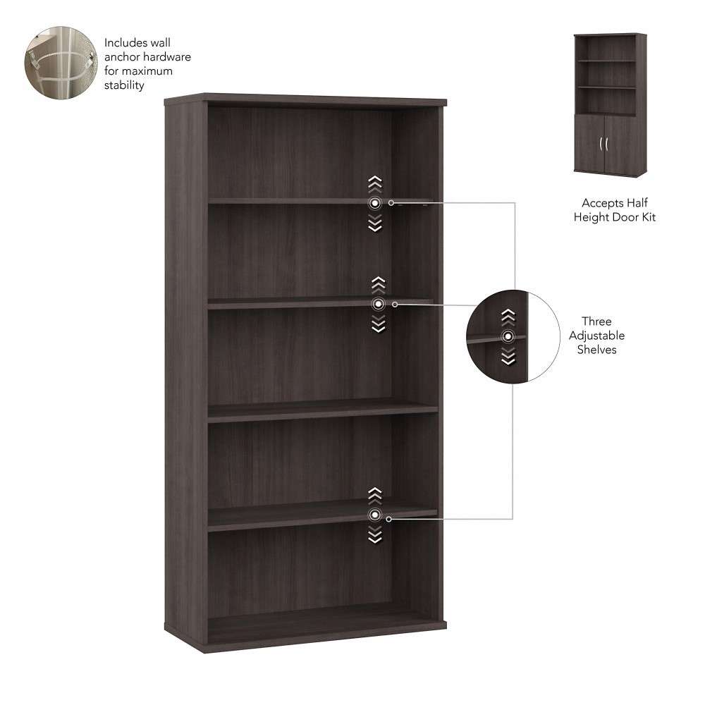 Bush Furniture - Hybrid Tall 5 Shelf Bookcase with Doors in Storm Gray - HYB024SG veiw 3