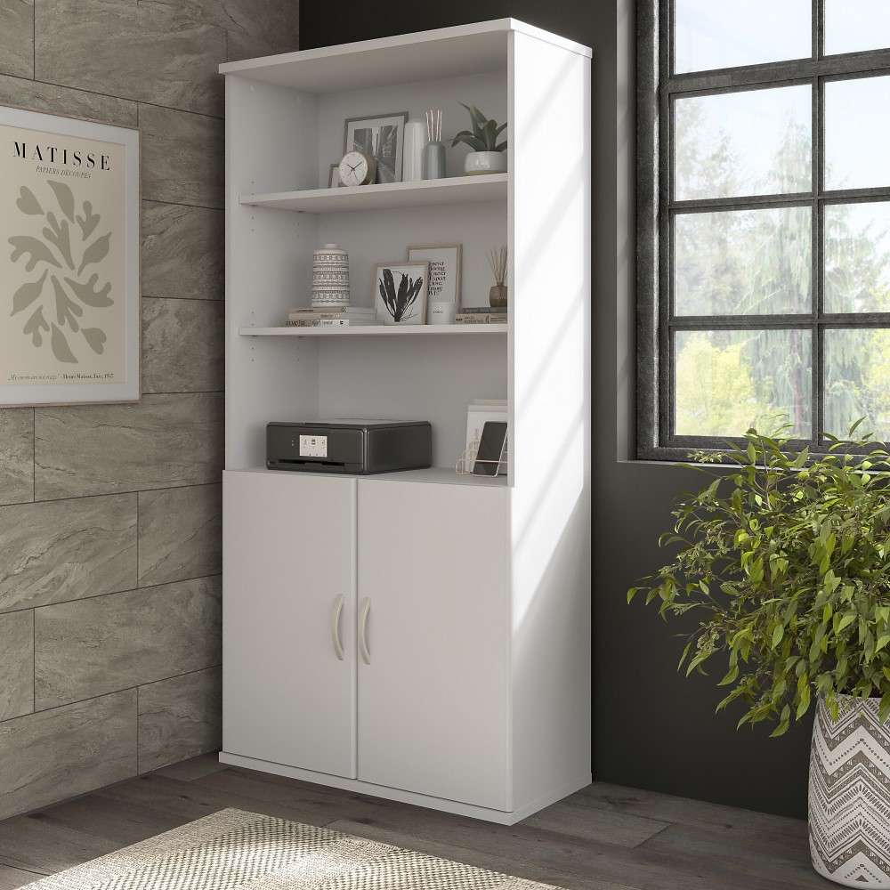 Bush Furniture - Hybrid Tall 5 Shelf Bookcase with Doors in White - HYB024WH veiw 1