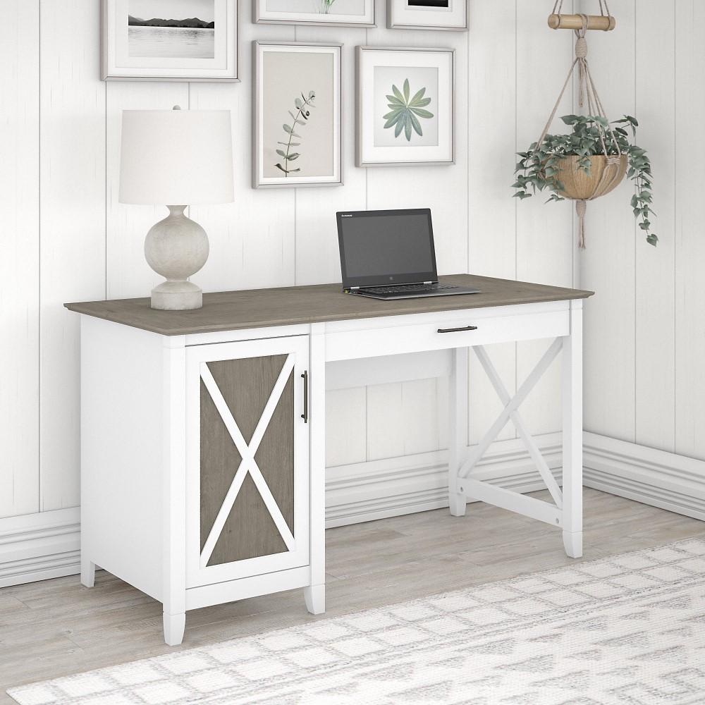 Bush Furniture - Key West 54W Computer Desk with Keyboard Tray and Storage in Pure White and Shiplap Gray - KWD154G2W-03 veiw 2