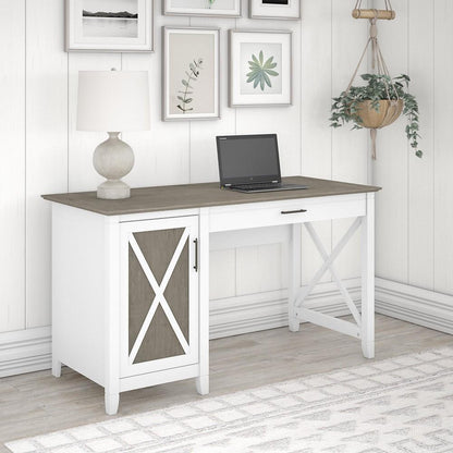 Bush Furniture - Key West 54W Computer Desk with Keyboard Tray and Storage in Pure White and Shiplap Gray - KWD154G2W-03 veiw 2