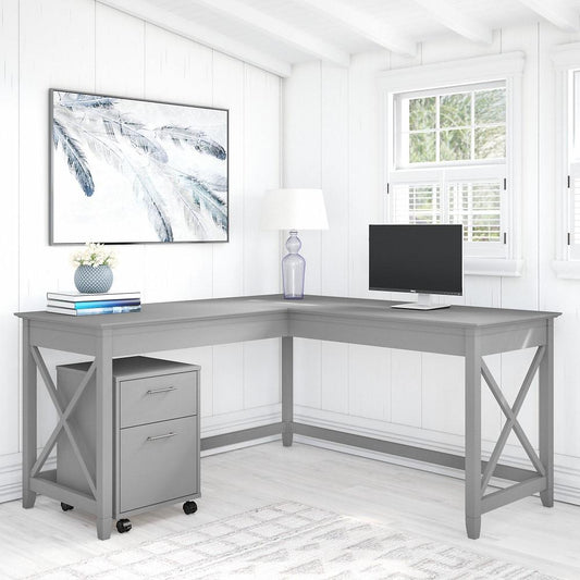 Bush Furniture - Key West 60W L Shaped Desk with 2 Drawer Mobile File Cabinet in Cape Cod Gray - KWS013CG veiw 2