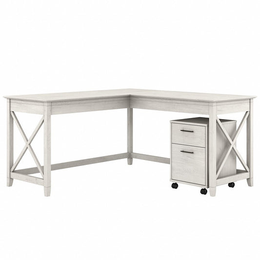 Bush Furniture - Key West 60W L Shaped Desk with 2 Drawer Mobile File Cabinet in Linen White Oak - KWS013LW veiw 1
