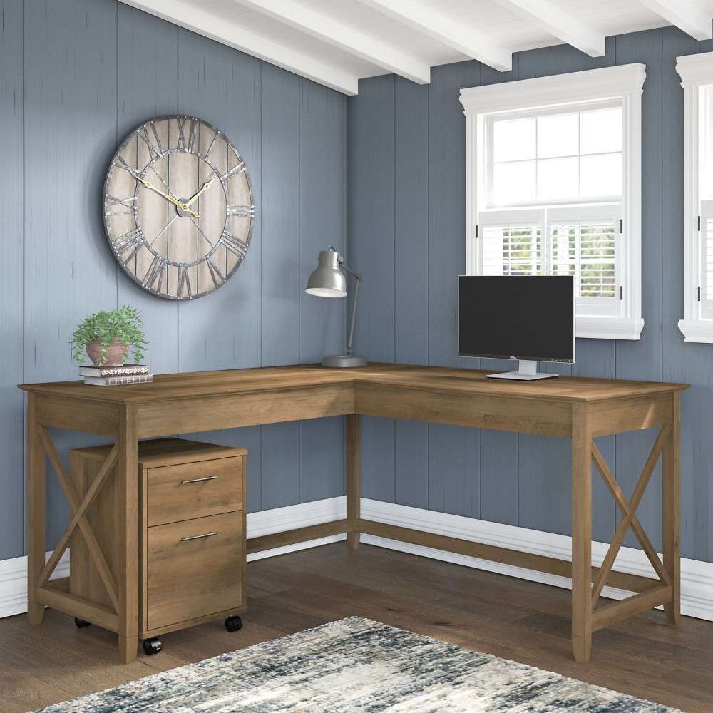 Bush Furniture - Key West 60W L Shaped Desk with 2 Drawer Mobile File Cabinet in Reclaimed Pine - KWS013RCP veiw 4
