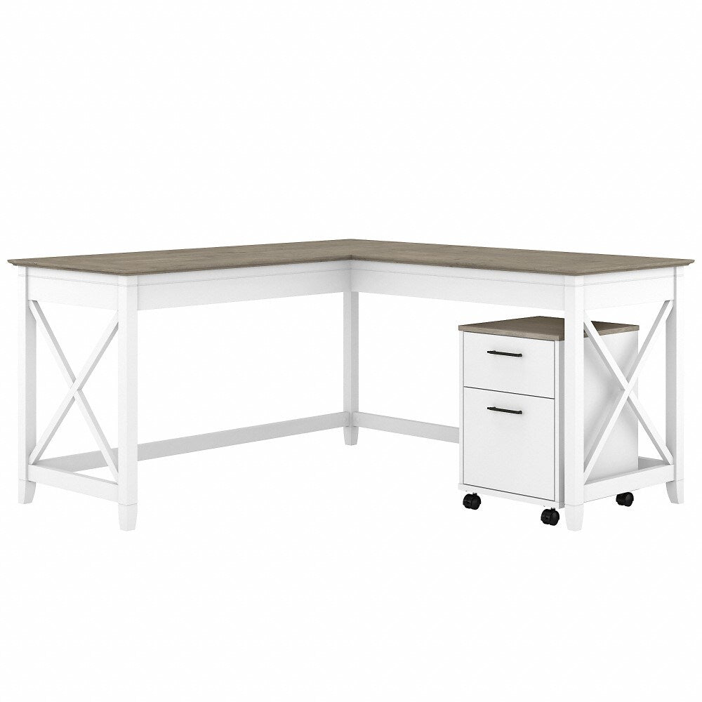 Bush Furniture - Key West 60W L Shaped Desk with 2 Drawer Mobile File Cabinet in Pure White and Shiplap Gray - KWS013G2W veiw 1