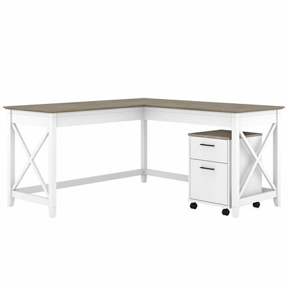 Bush Furniture - Key West 60W L Shaped Desk with 2 Drawer Mobile File Cabinet in Pure White and Shiplap Gray - KWS013G2W veiw 1