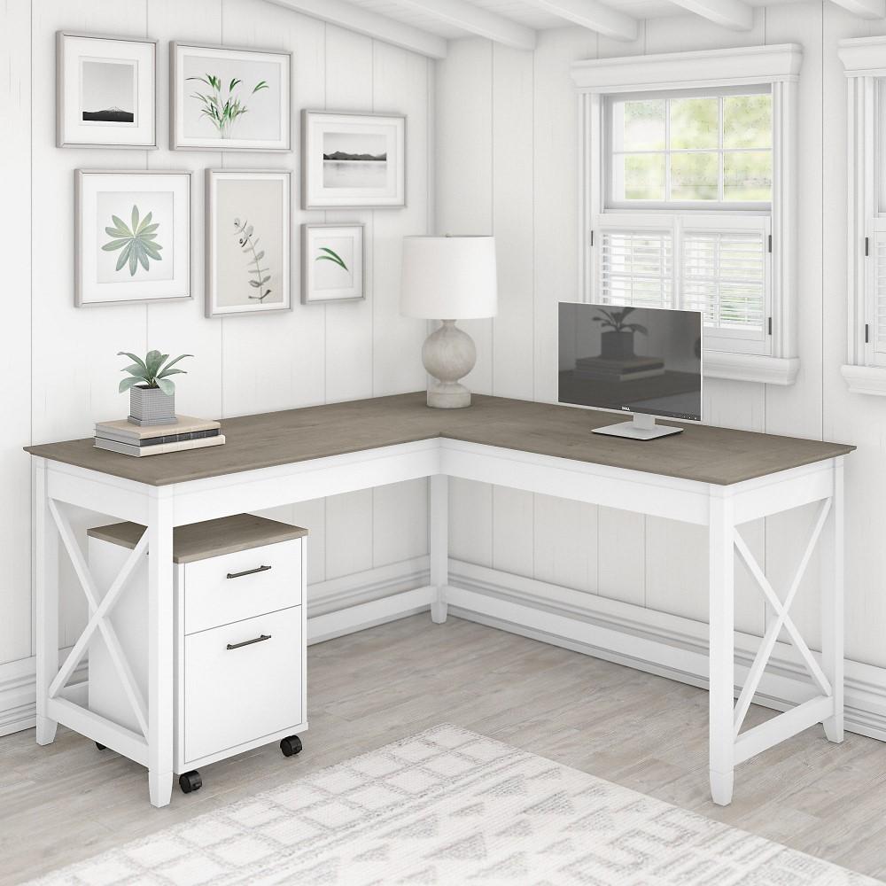 Bush Furniture - Key West 60W L Shaped Desk with 2 Drawer Mobile File Cabinet in Pure White and Shiplap Gray - KWS013G2W veiw 2