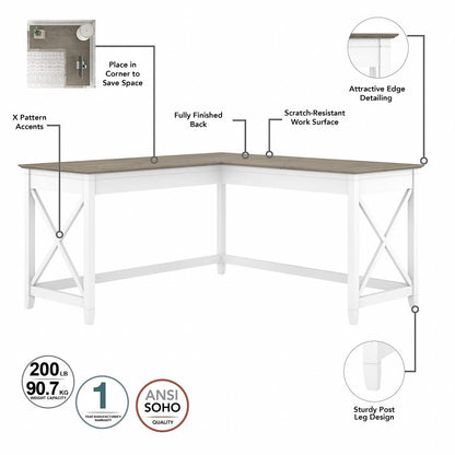 Bush Furniture - Key West 60W L Shaped Desk with 2 Drawer Mobile File Cabinet in Pure White and Shiplap Gray - KWS013G2W veiw 3
