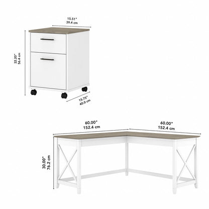Bush Furniture - Key West 60W L Shaped Desk with 2 Drawer Mobile File Cabinet in Pure White and Shiplap Gray - KWS013G2W veiw 6