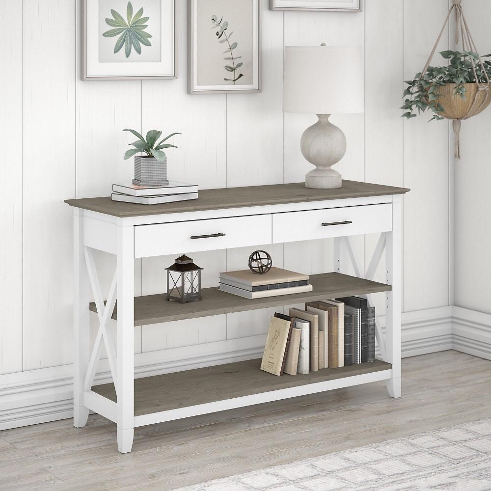 Bush Furniture - Key West Console Table with Drawers and Shelves in Pure White and Shiplap Gray - KWT248G2W-03 veiw 2