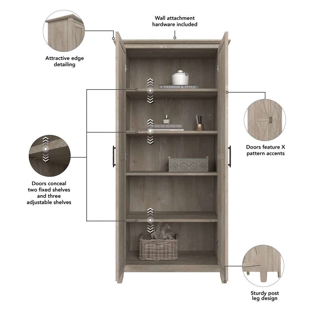 Bush Furniture - Key West Kitchen Pantry Cabinet in Washed Gray - KWS266WG-Z veiw 6
