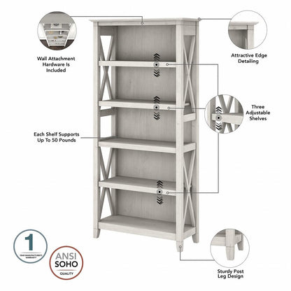 Bush Furniture - Key West Tall 5 Shelf Bookcase in Linen White Oak - KWB132LW-03 veiw 3