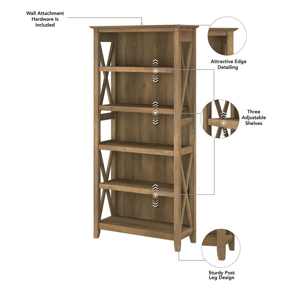 Bush Furniture - Key West Tall 5 Shelf Bookcase in Reclaimed Pine - KWB132RCP-03 veiw 5