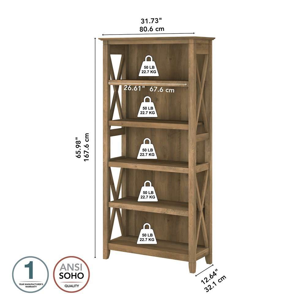 Bush Furniture - Key West Tall 5 Shelf Bookcase in Reclaimed Pine - KWB132RCP-03 veiw 6