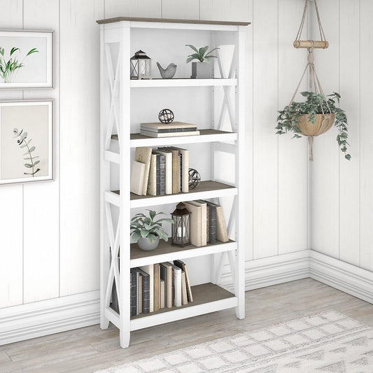 Bush Furniture - Key West Tall 5 Shelf Bookcase in Pure White and Shiplap Gray - KWB132G2W-03 veiw 2