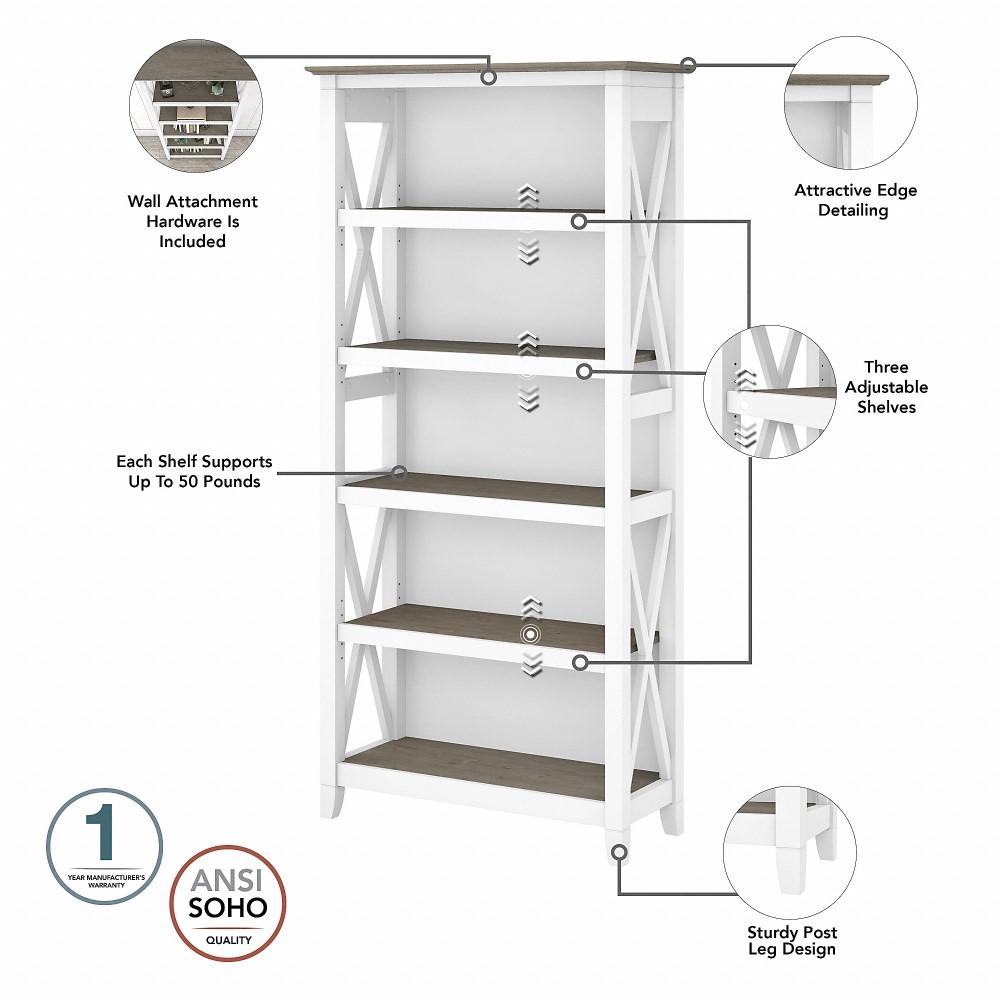 Bush Furniture - Key West Tall 5 Shelf Bookcase in Pure White and Shiplap Gray - KWB132G2W-03 veiw 3