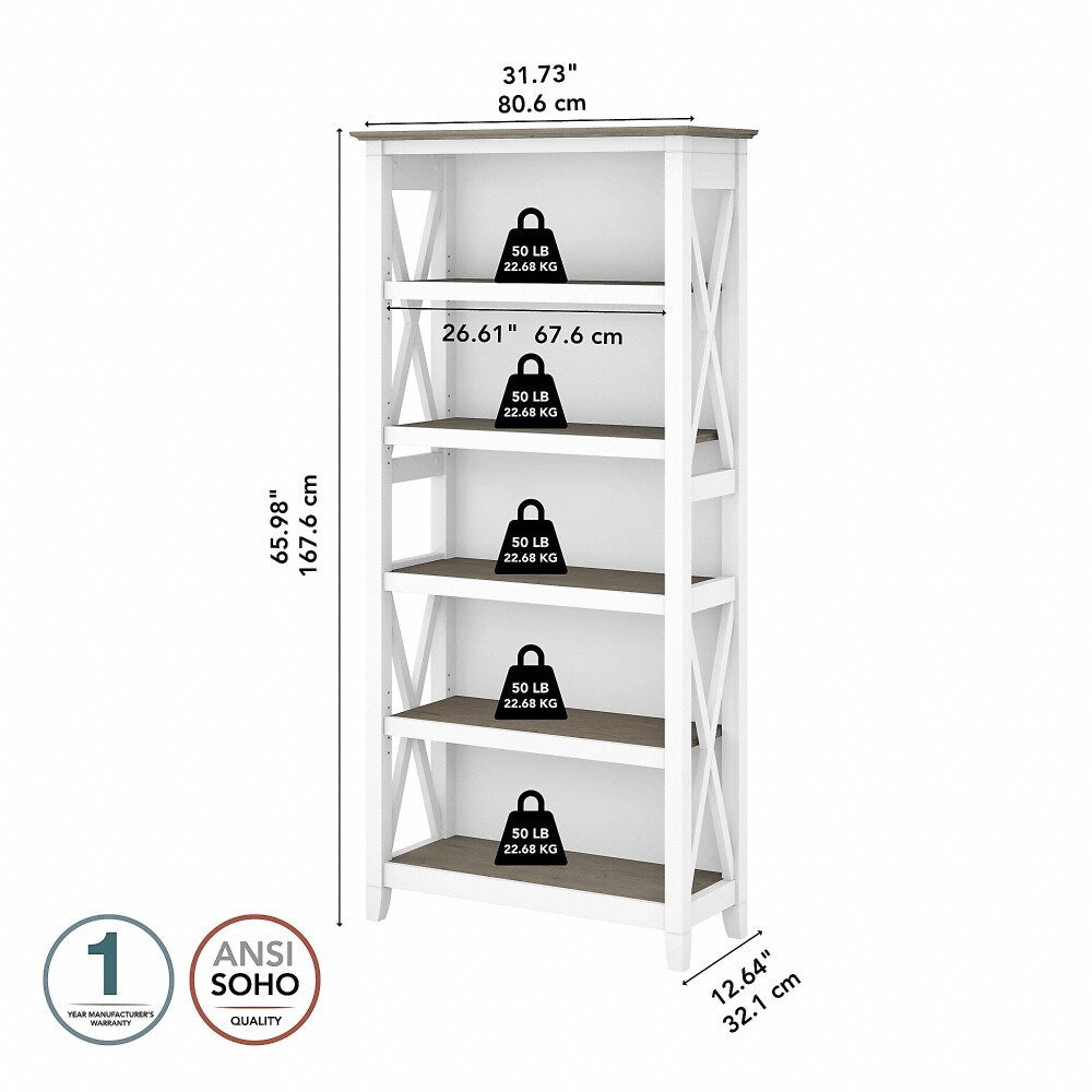 Bush Furniture - Key West Tall 5 Shelf Bookcase in Pure White and Shiplap Gray - KWB132G2W-03 veiw 6