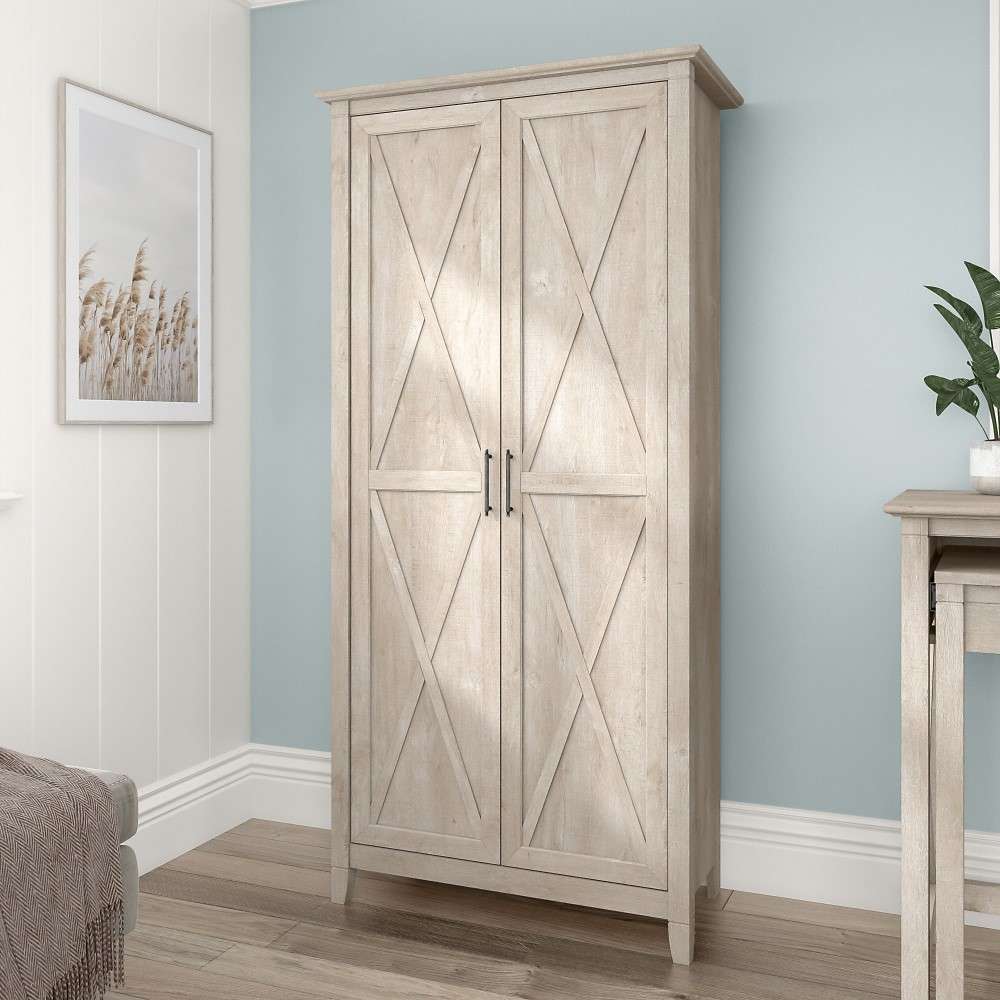 Bush Furniture - Key West Tall Storage Cabinet with Doors in Washed Gray - KWS266WG-03 veiw 4