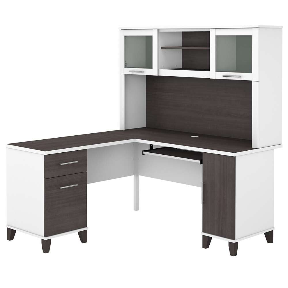 Bush Furniture - Somerset 60W L Shaped Desk with Hutch in White and Storm Gray - SET002SGWH veiw 1