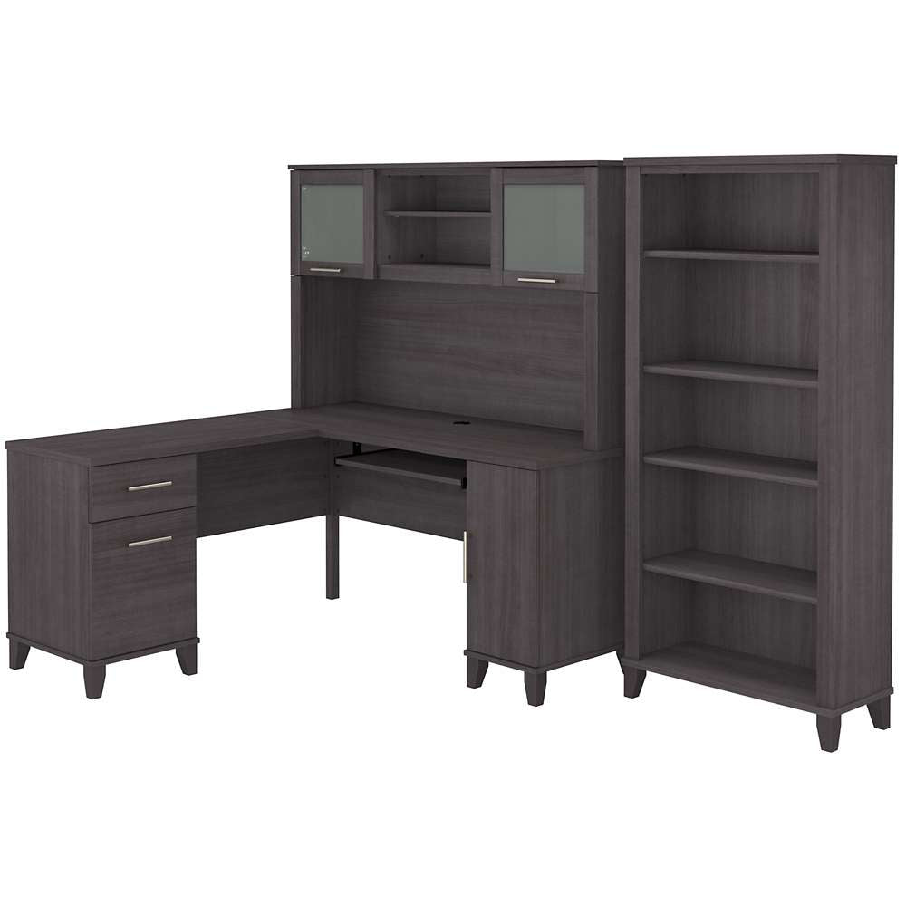 Bush Furniture - Somerset 60W L Shaped Desk with Hutch and 5 Shelf Bookcase in Storm Gray - SET010SG veiw 1