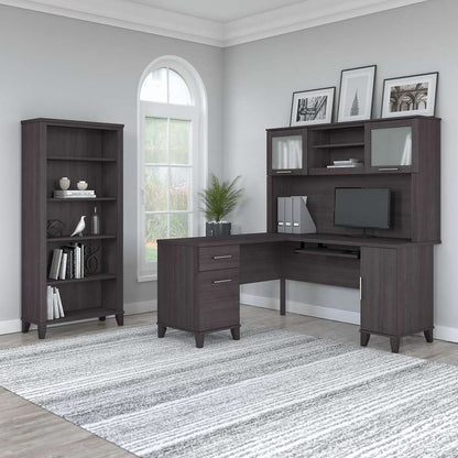 Bush Furniture - Somerset 60W L Shaped Desk with Hutch and 5 Shelf Bookcase in Storm Gray - SET010SG veiw 4