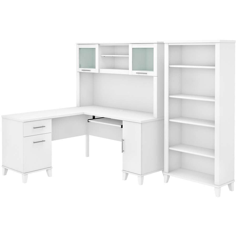 Bush Furniture - Somerset 60W L Shaped Desk with Hutch and 5 Shelf Bookcase in White - SET010WH veiw 1