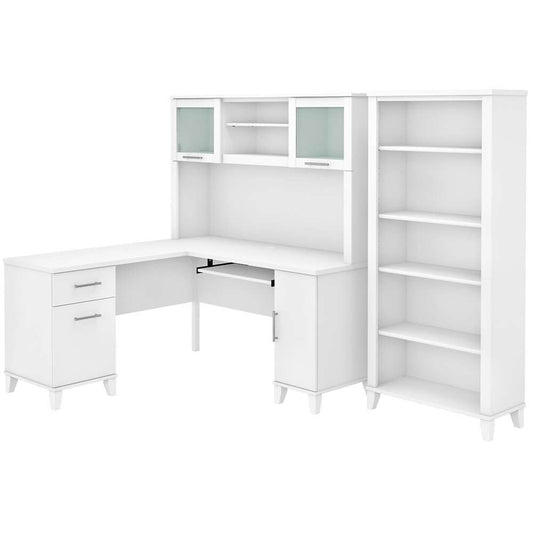 Bush Furniture - Somerset 60W L Shaped Desk with Hutch and 5 Shelf Bookcase in White - SET010WH veiw 1