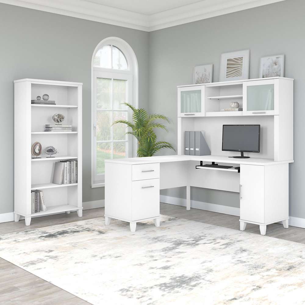 Bush Furniture - Somerset 60W L Shaped Desk with Hutch and 5 Shelf Bookcase in White - SET010WH veiw 4