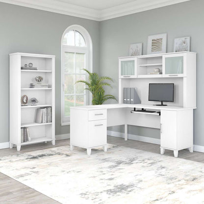Bush Furniture - Somerset 60W L Shaped Desk with Hutch and 5 Shelf Bookcase in White - SET010WH veiw 4