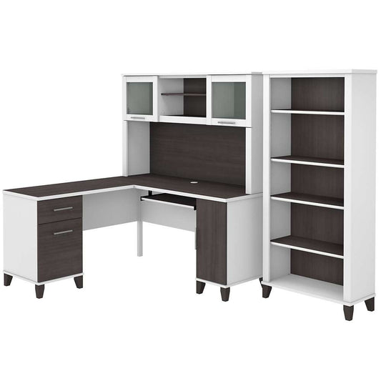 Bush Furniture - Somerset 60W L Shaped Desk with Hutch and 5 Shelf Bookcase in White and Storm Gray - SET010SGWH veiw 1