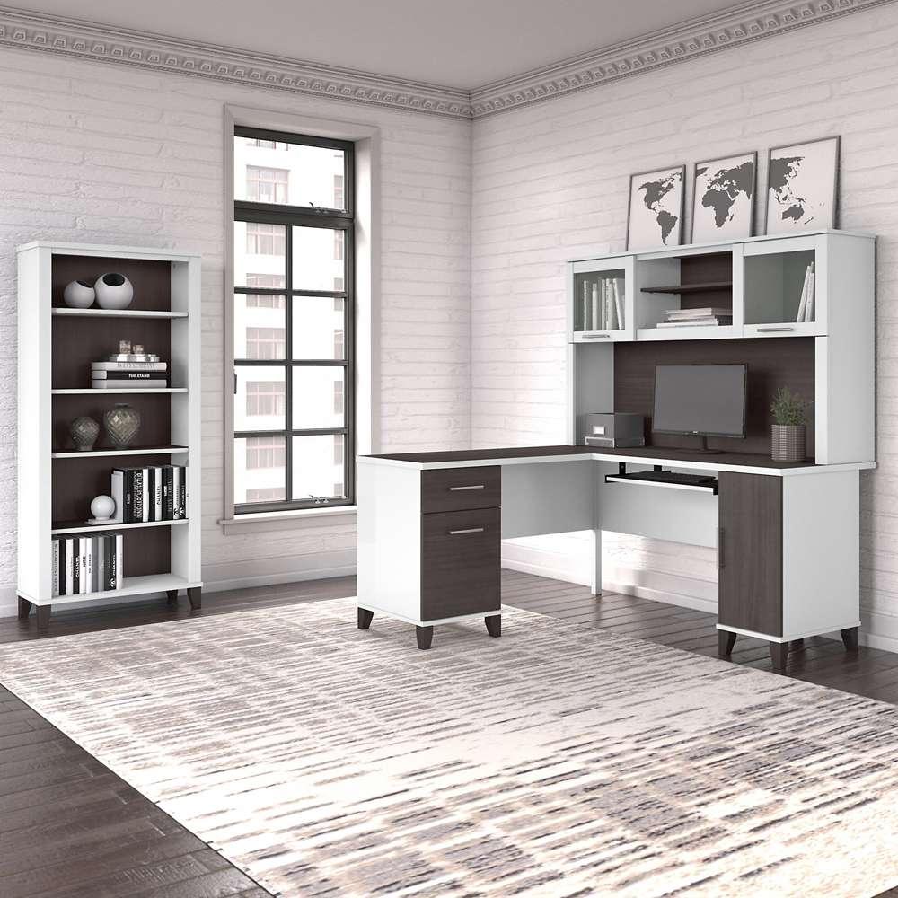 Bush Furniture - Somerset 60W L Shaped Desk with Hutch and 5 Shelf Bookcase in White and Storm Gray - SET010SGWH veiw 4