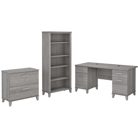 Bush Furniture - Somerset 60W Office Desk with Lateral File Cabinet and 5 Shelf Bookcase in Platinum Gray - SET013PG veiw 1