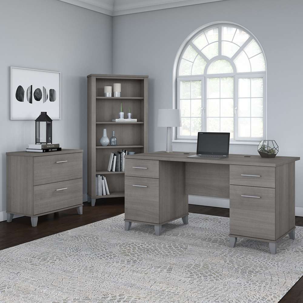 Bush Furniture - Somerset 60W Office Desk with Lateral File Cabinet and 5 Shelf Bookcase in Platinum Gray - SET013PG veiw 4