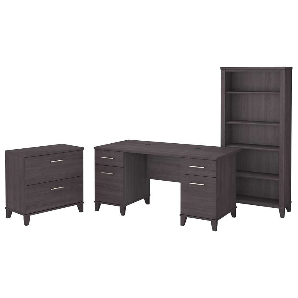 Bush Furniture - Somerset 60W Office Desk with Lateral File Cabinet and 5 Shelf Bookcase in Storm Gray - SET013SG veiw 1