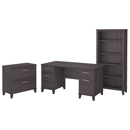Bush Furniture - Somerset 60W Office Desk with Lateral File Cabinet and 5 Shelf Bookcase in Storm Gray - SET013SG veiw 1