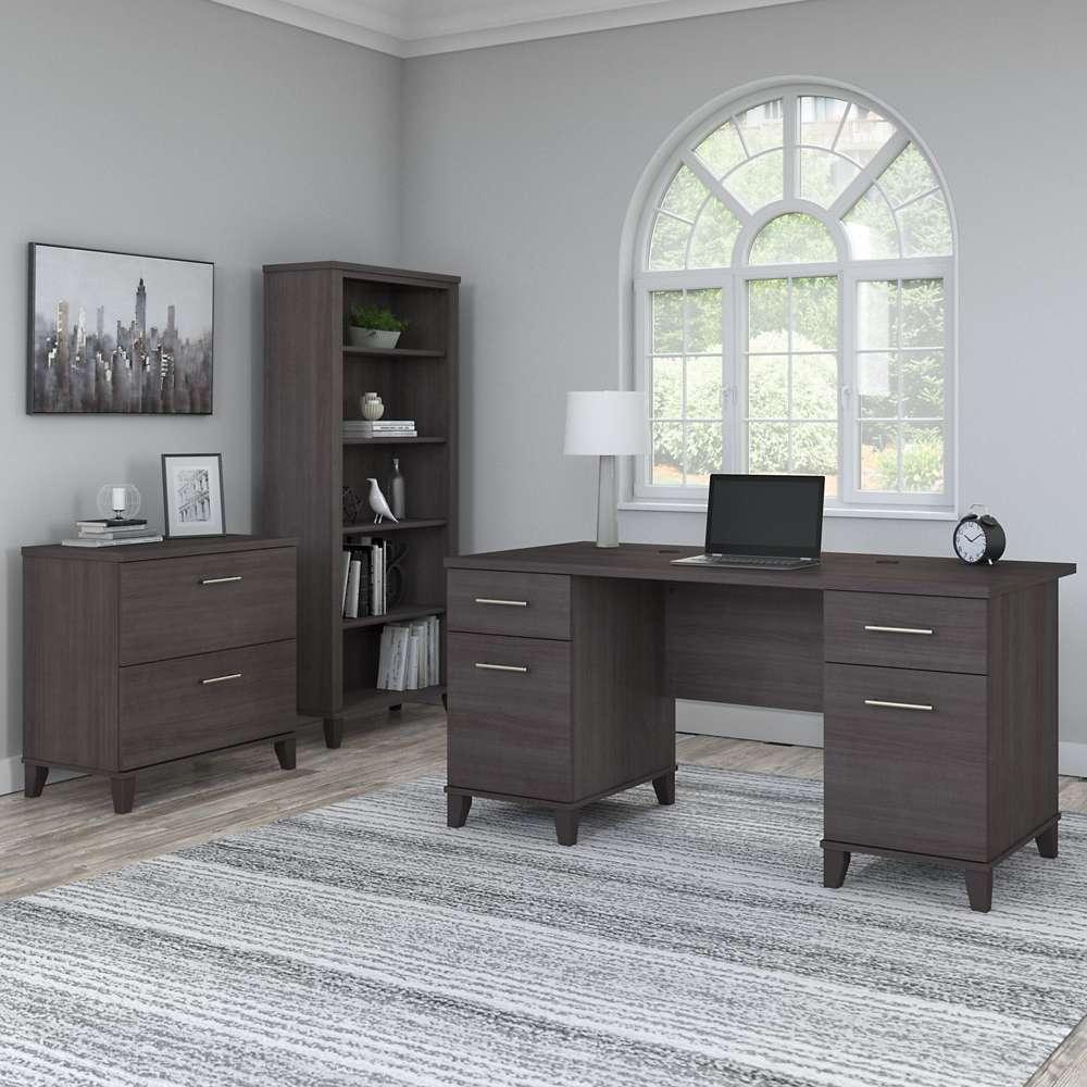 Bush Furniture - Somerset 60W Office Desk with Lateral File Cabinet and 5 Shelf Bookcase in Storm Gray - SET013SG veiw 4