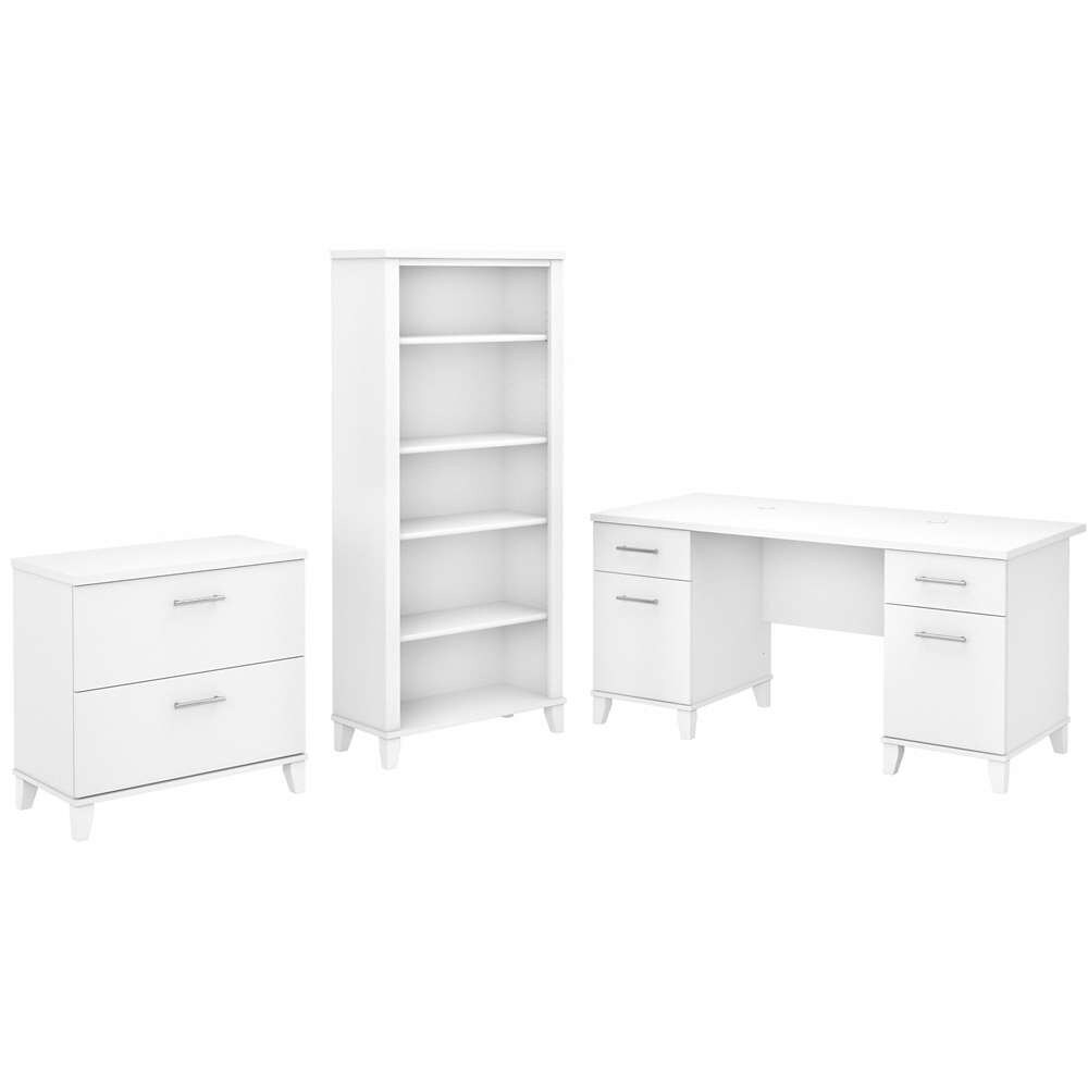 Bush Furniture - Somerset 60W Office Desk with Lateral File Cabinet and 5 Shelf Bookcase in White - SET013WH veiw 1