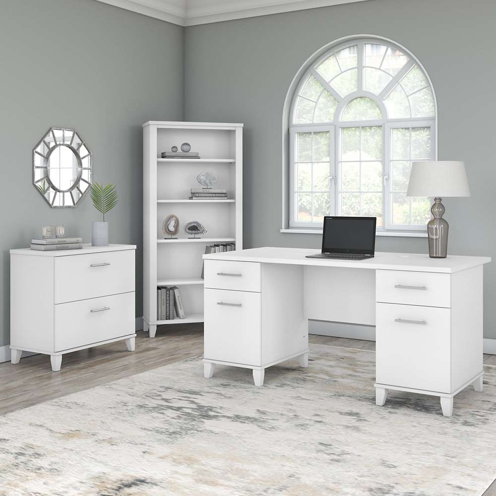 Bush Furniture - Somerset 60W Office Desk with Lateral File Cabinet and 5 Shelf Bookcase in White - SET013WH veiw 4