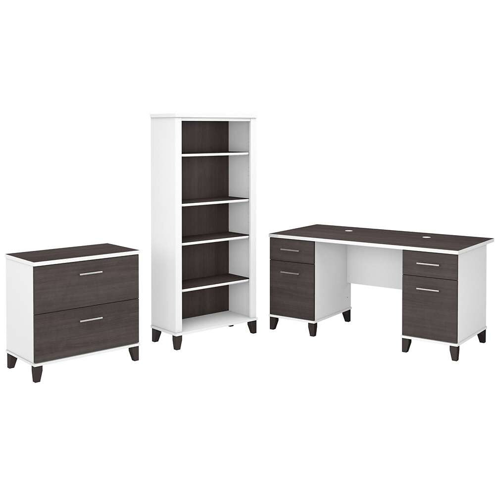 Bush Furniture - Somerset 60W Office Desk with Lateral File Cabinet and 5 Shelf Bookcase in White and Storm Gray - SET013SGWH veiw 1