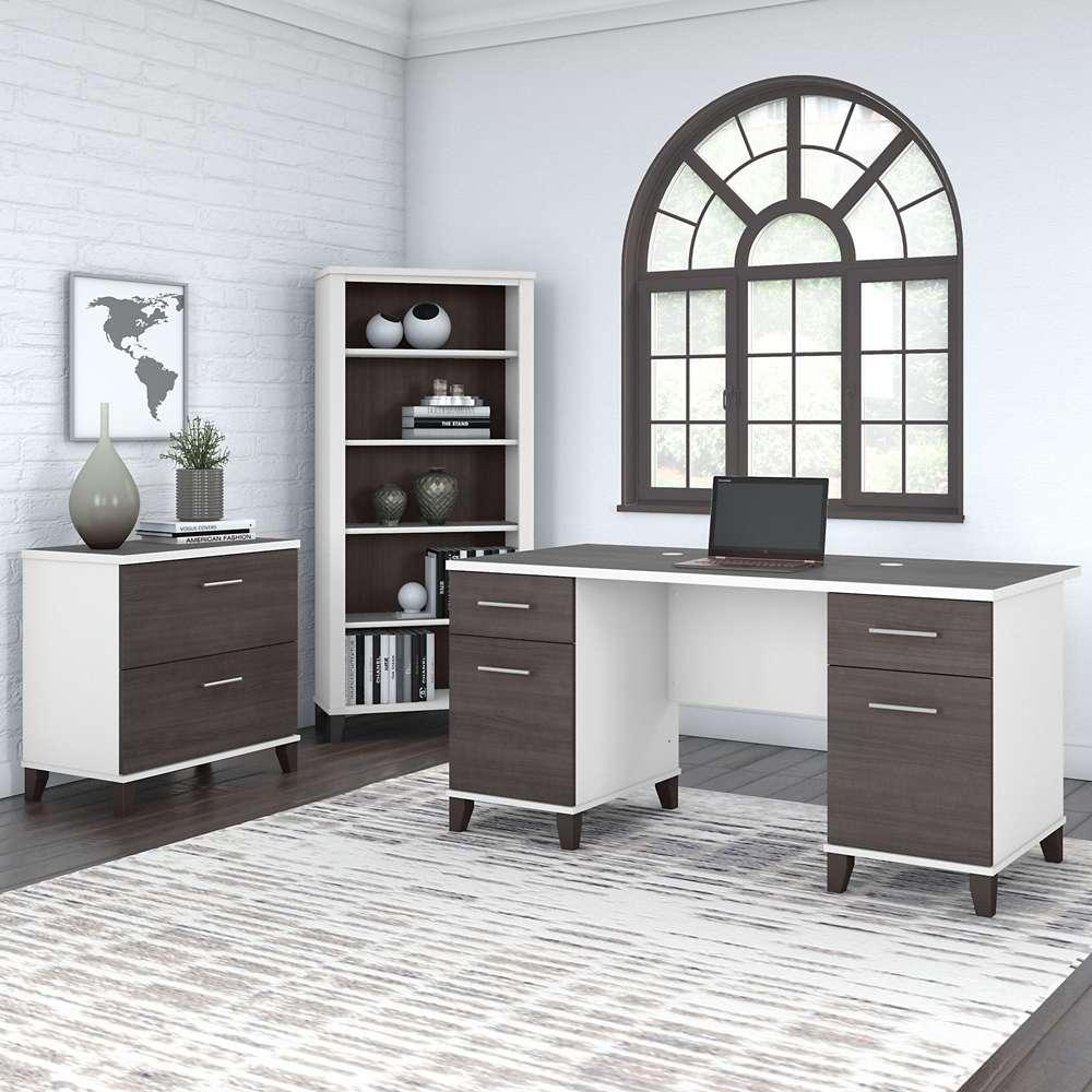 Bush Furniture - Somerset 60W Office Desk with Lateral File Cabinet and 5 Shelf Bookcase in White and Storm Gray - SET013SGWH veiw 4