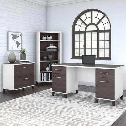 Bush Furniture - Somerset 60W Office Desk with Lateral File Cabinet and 5 Shelf Bookcase in White and Storm Gray - SET013SGWH veiw 4