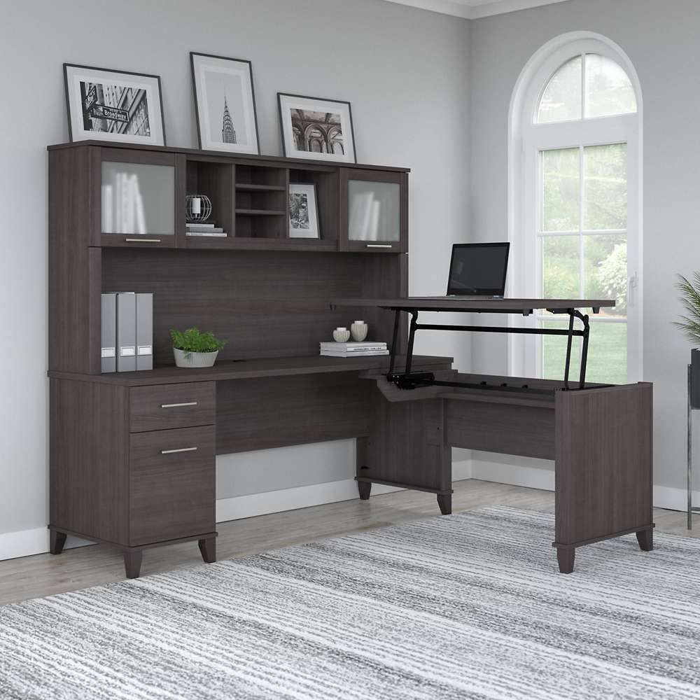 Bush Furniture - Somerset 72W 3 Position Sit to Stand L Shaped Desk with Hutch in Storm Gray - SET015SG veiw 4