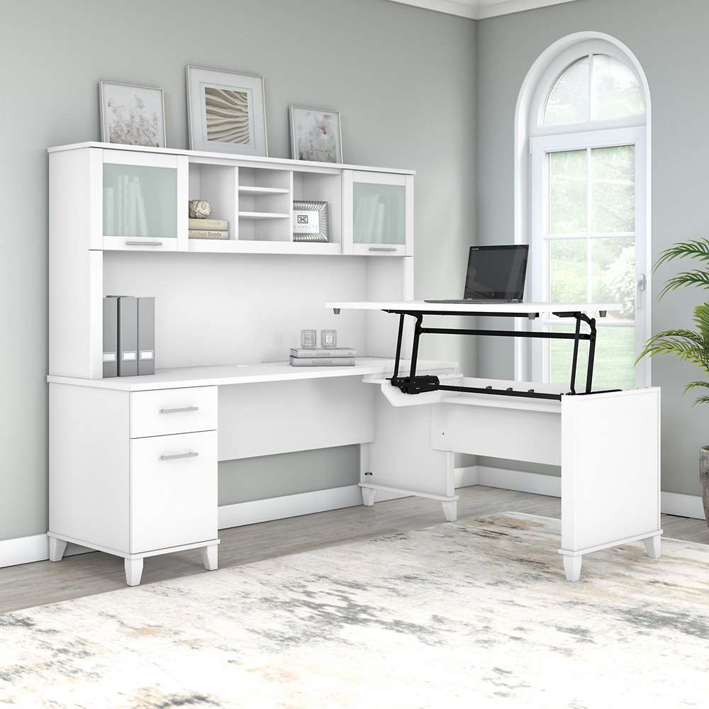 Bush Furniture - Somerset 72W 3 Position Sit to Stand L Shaped Desk with Hutch in White - SET015WH veiw 4