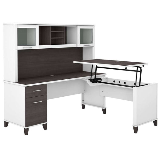 Bush Furniture - Somerset 72W 3 Position Sit to Stand L Shaped Desk with Hutch in White and Storm Gray - SET015SGWH veiw 1